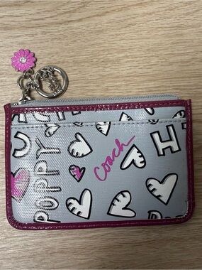 Coach Poppy Pink Silver Graffiti Heart Zip Card Case Coin Purse